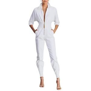 Retrofete Ellis Jumpsuit Optic White 3/4 Sleeve Front Zip Cotton Stretch Waist S